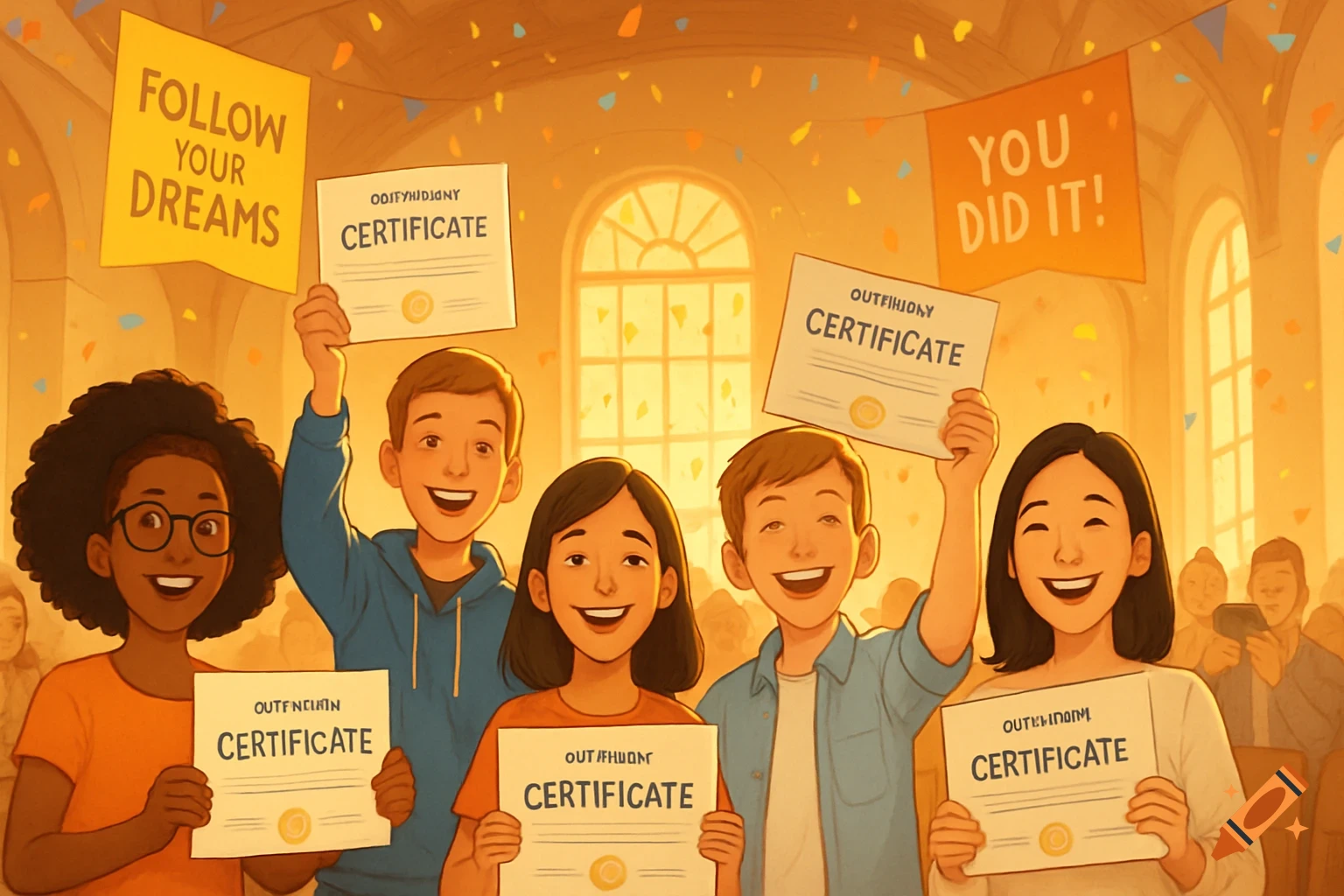 A diverse group of five smiling students holding up their certificates and banners that say "Follow Your Dreams" and "You Did It!" in a brightly lit hall with confetti falling.