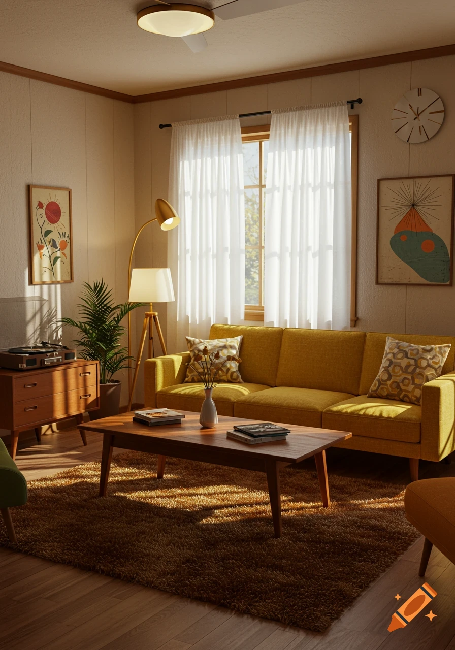 A realistic 1960s style living room with a yellow sofa, wooden coffee table, floor lamp, and sunlit rug.