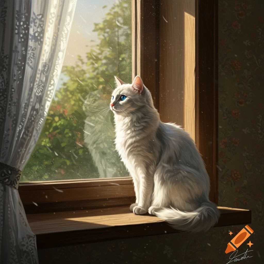 A fluffy white cat with blue eyes sits on a sunlit wooden windowsill, looking out a window at green trees.