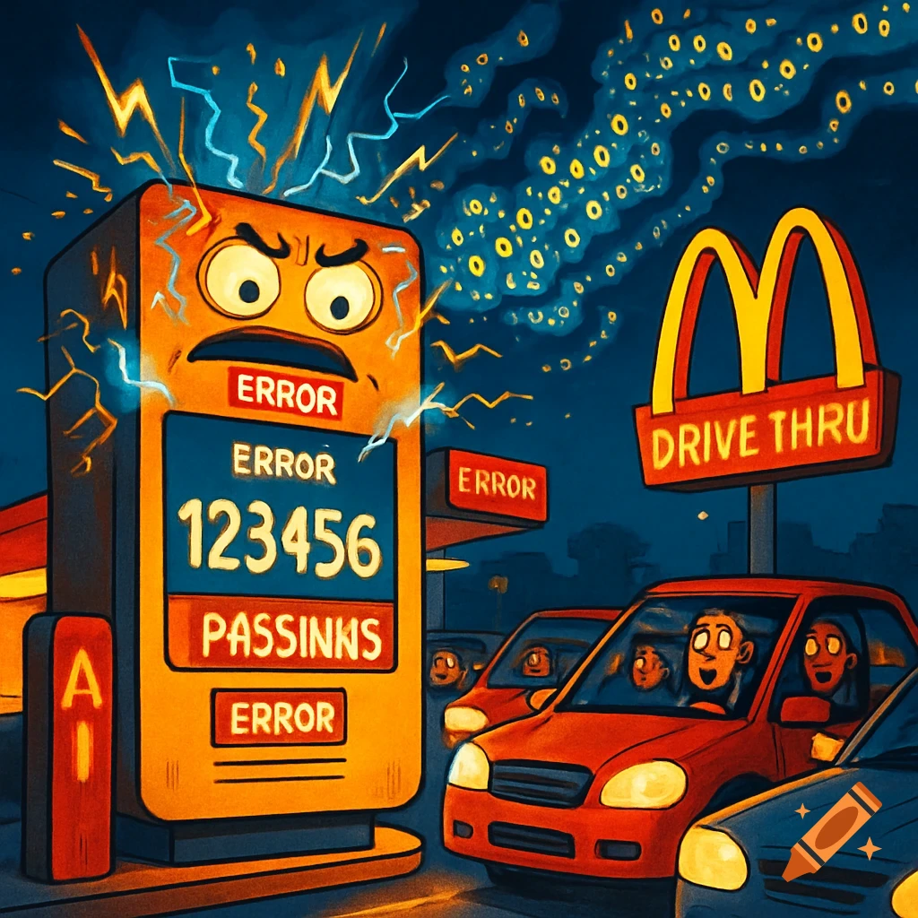 A cartoon illustration of an angry, malfunctioning McDonald's drive-thru order board displaying "ERROR" and "123456" with lightning bolts. Cars are lined up with surprised drivers, and the McDonald's sign reads "DRIVE THRU" at night.