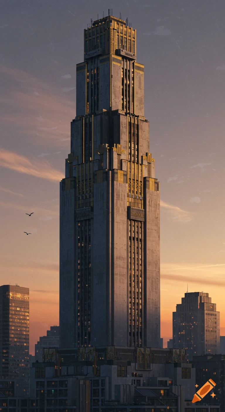 A towering Art Deco and Brutalist skyscraper stands tall against a vibrant sunset sky, with other city buildings in the background.