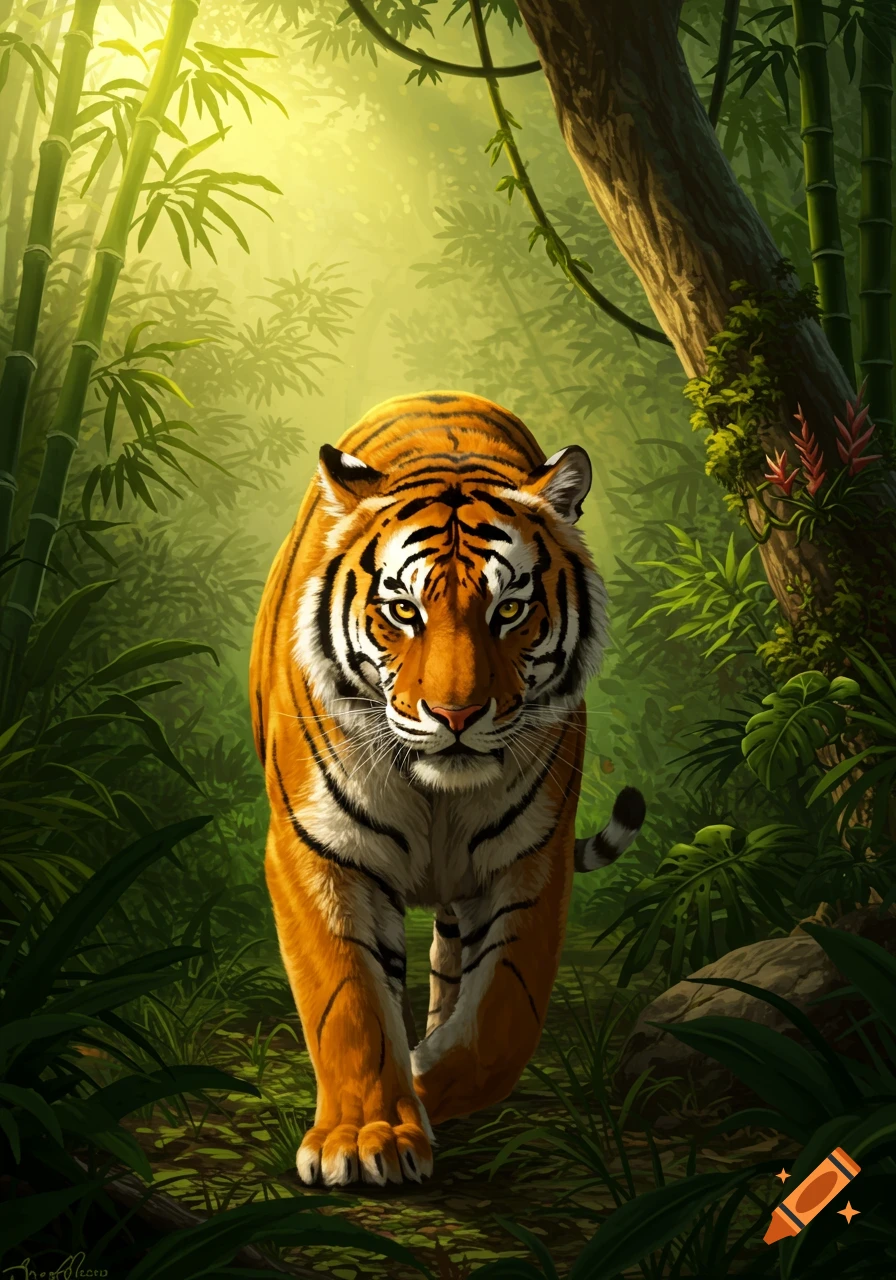 A Bengal tiger walks directly forward through a sunlit, dense jungle.
