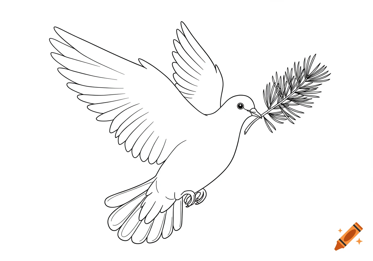 A simple line drawing of a white dove flying with outstretched wings, holding a pine branch in its beak.