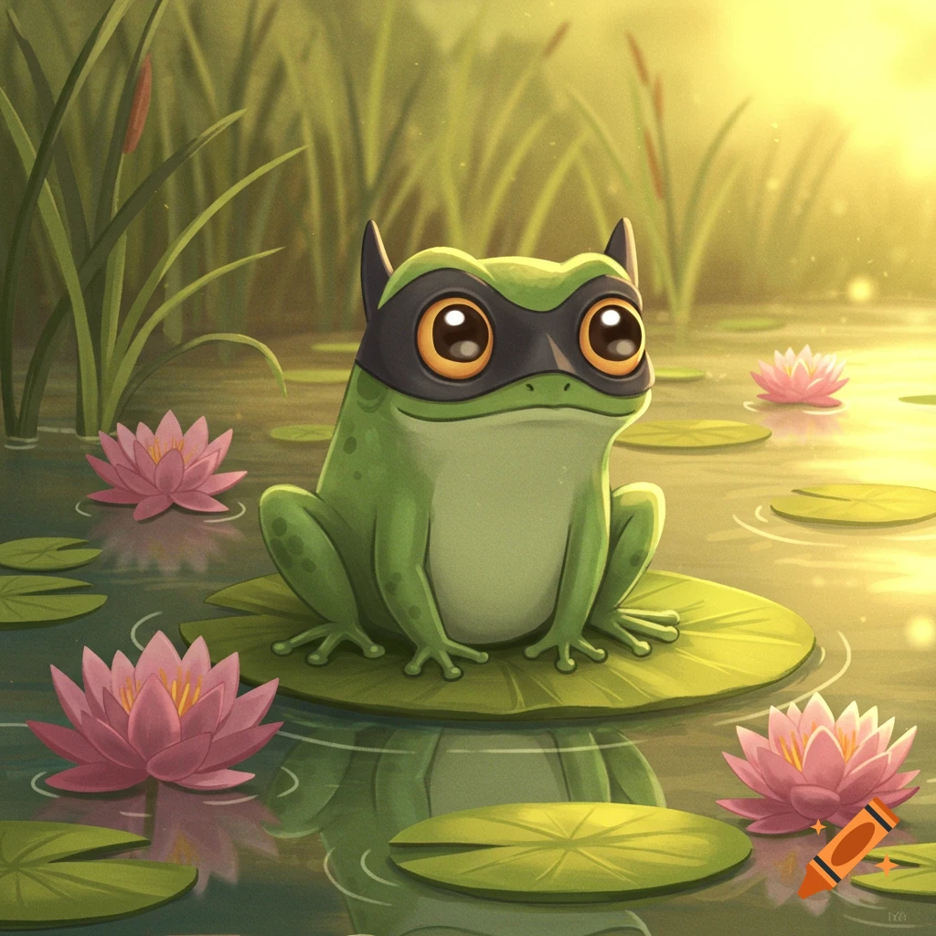 A cute cartoon frog in a black mask sits on a lily pad in a pond with pink water lilies, bathed in golden light.