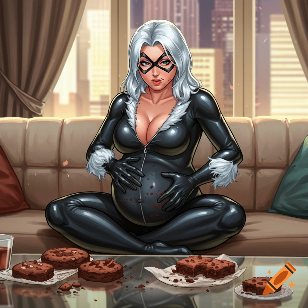 A pregnant Marvel's Black Cat in a black catsuit sits on a couch, gently rubbing her stomach with a plate of brownies in front of her.