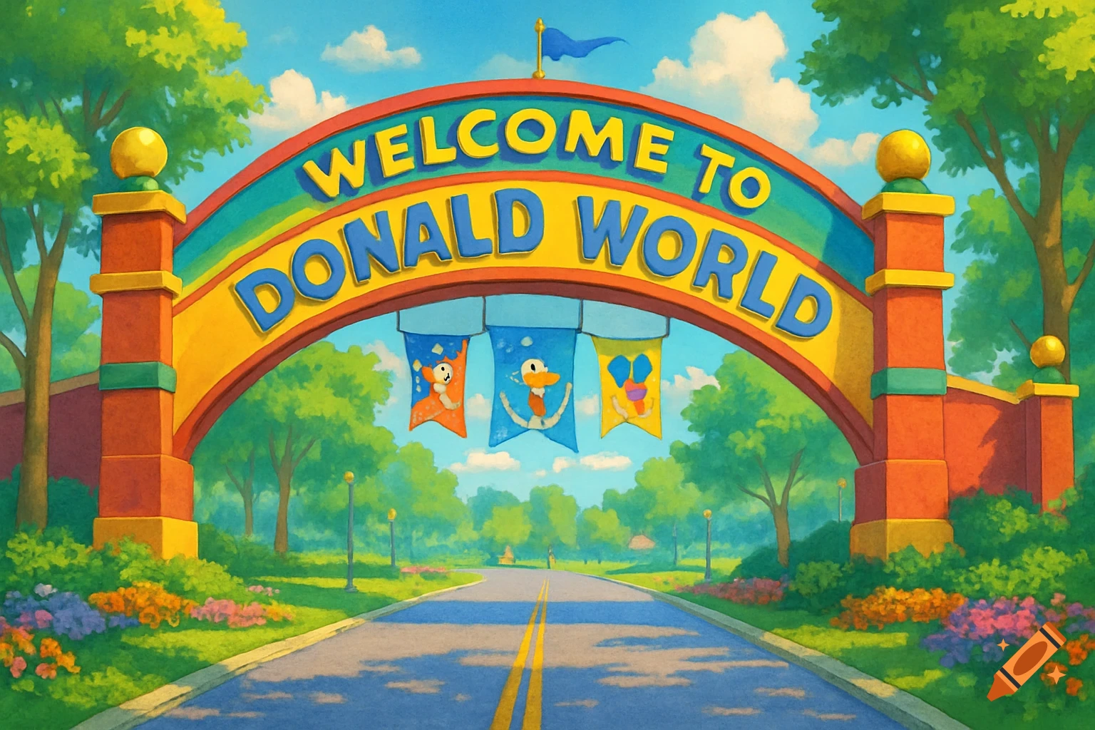 A colorful cartoon-style archway welcoming visitors to 'Donald World', surrounded by green trees and flowers, with a road leading into the distance under a blue sky.
