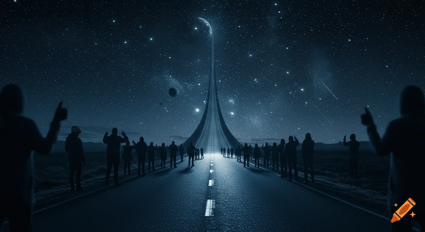 A dark night scene shows a road stretching into a star-filled sky towards a moon and planets, flanked by silhouetted figures.