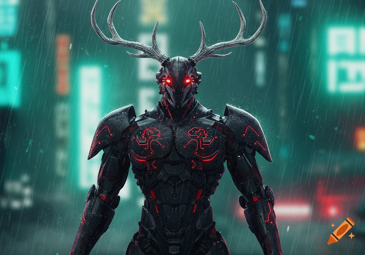 A dark, armored robot with red glowing details and deer antlers stands in the rain in a cyberpunk city.