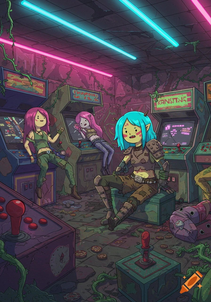 Three cartoon-style raider girls, one with blue hair and two with pink, hang out in a dilapidated, vine-covered arcade with neon lights.