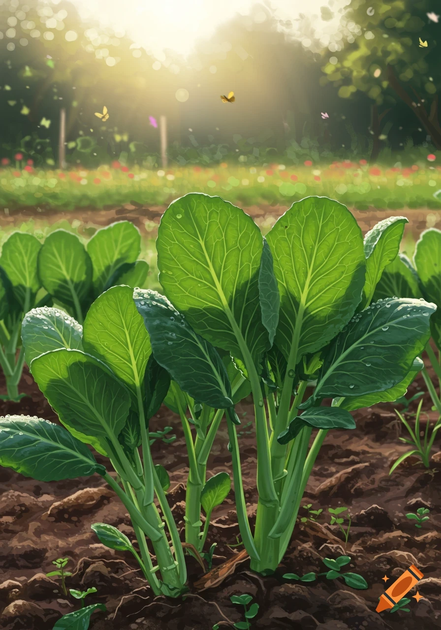 Close-up of sunlit green leafy vegetables with water droplets growing in damp soil, with blurred butterflies and flowers in a garden background.