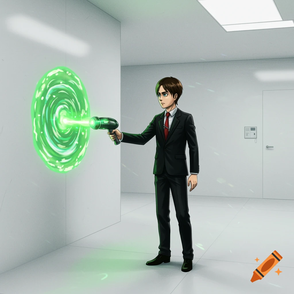 Eren Yeager from Attack on Titan in a black suit holding a Rick and Morty portal gun, creating a green portal on a white wall in an anime style.