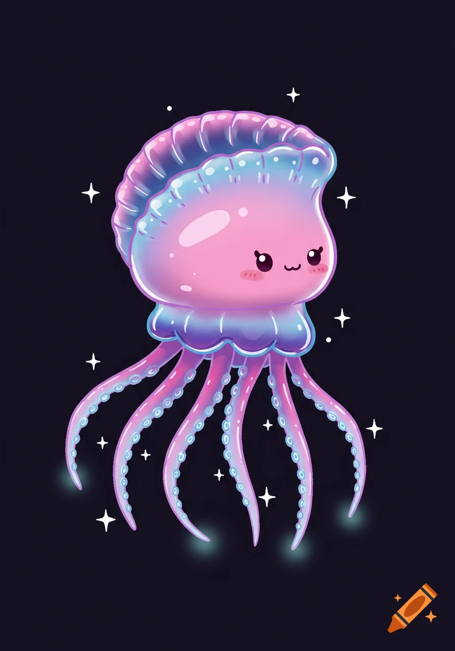 A cute, glowing pink and purple cartoon jellyfish with large eyes and small blush marks, floating against a dark, starry background.