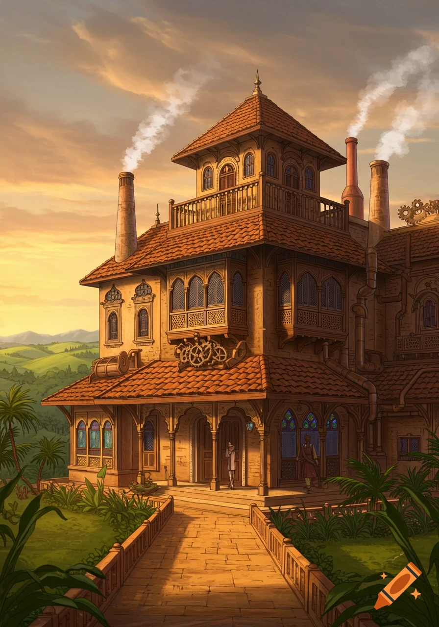A grand, multi-storied steampunk-style manor house with intricate details and chimneys emitting smoke, set against a vibrant sunset sky and lush green landscape.