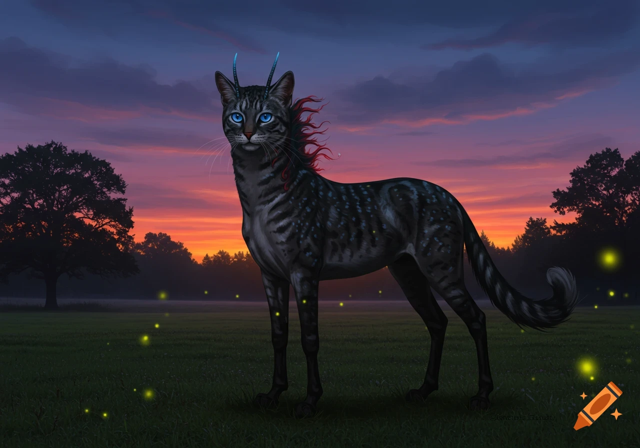 A fantasy cat-horse hybrid with blue eyes, blue horns, and red mane stands in a field with fireflies at sunset. Digital art.