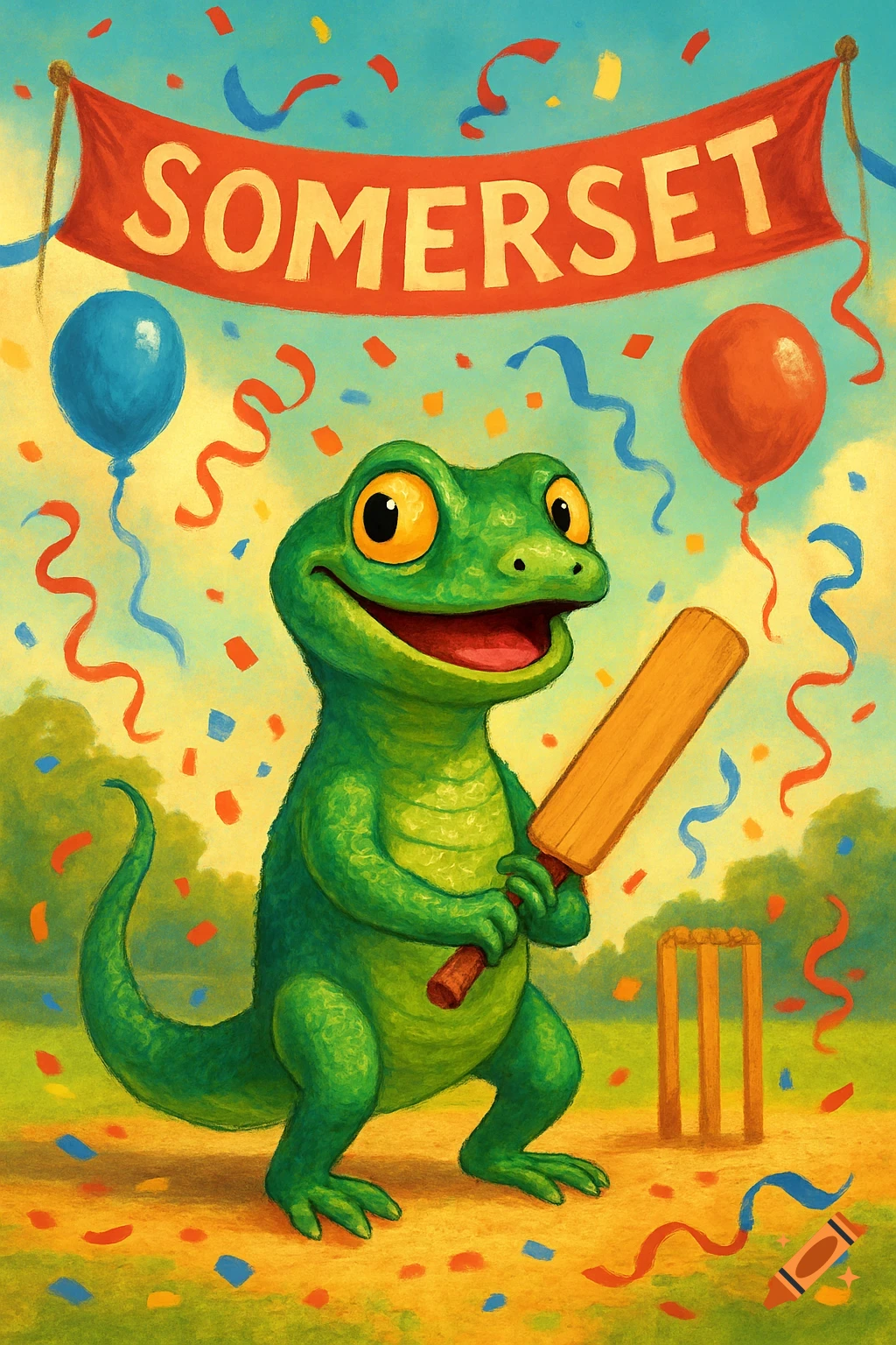 A cute green lizard holding a cricket bat on a field with balloons and confetti. A banner with "SOMERSET" hangs above.