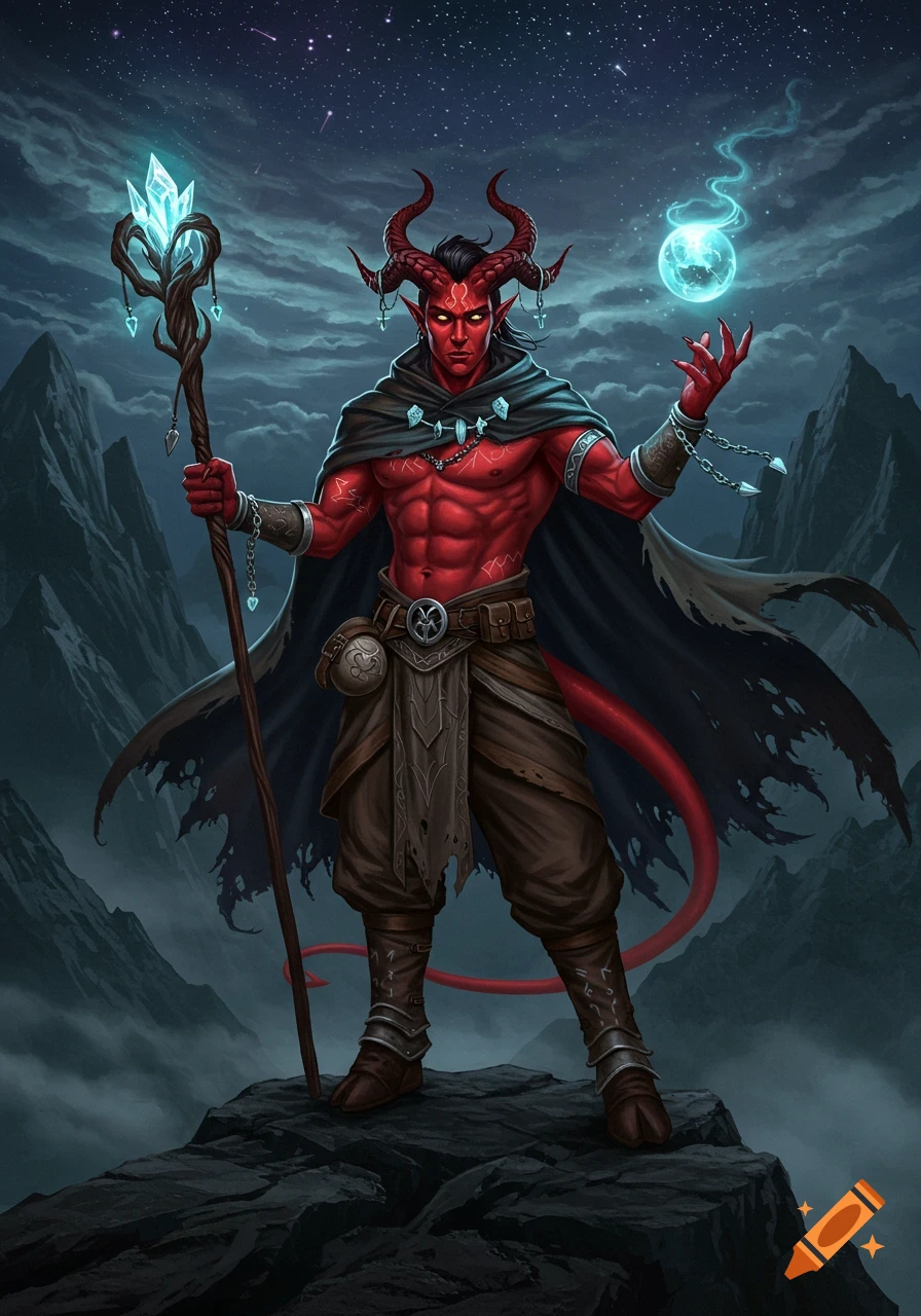 A red-skinned, horned fantasy character with a staff and glowing orb stands on a mountain under a starry night sky, digital art.