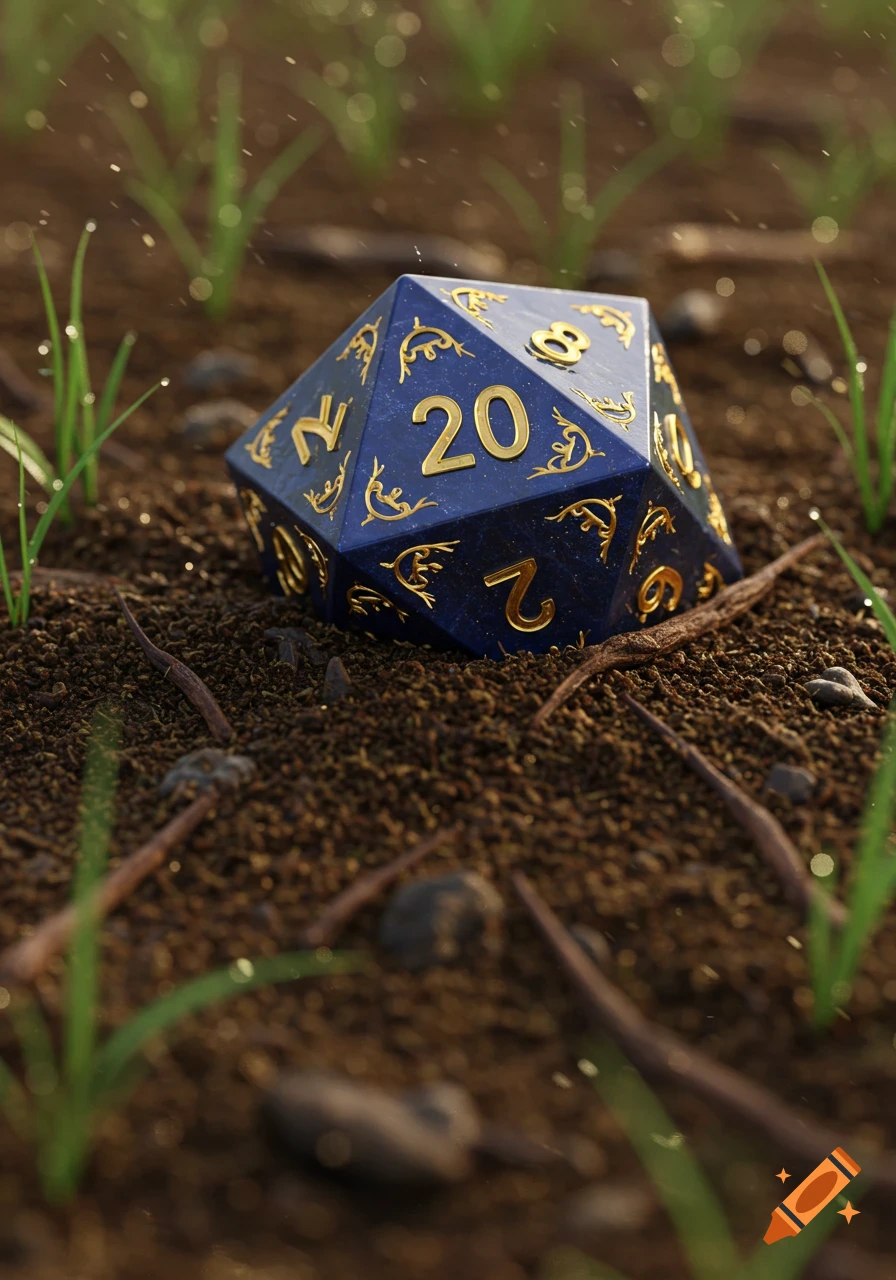 A close-up, photorealistic image of a blue D20 die with gold numbers and filigree, resting on damp soil with green sprouts and water droplets.