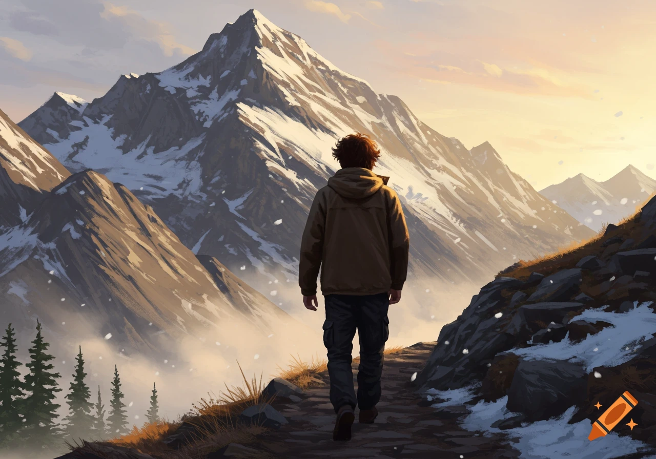 A person in a jacket walks along a mountain path towards a snow-capped peak at sunset.