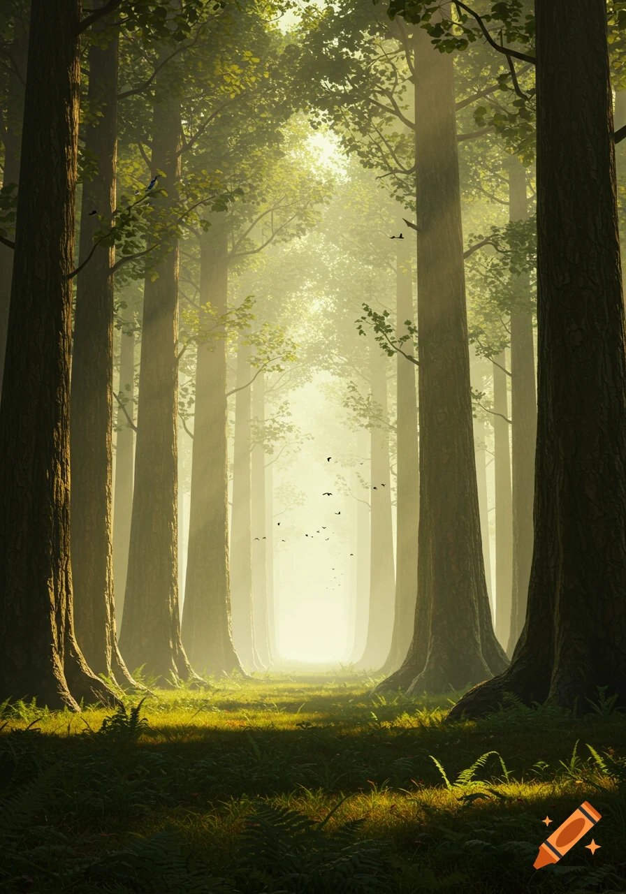 Sunlight filters through tall trees in a misty, ethereal forest path with green foliage.