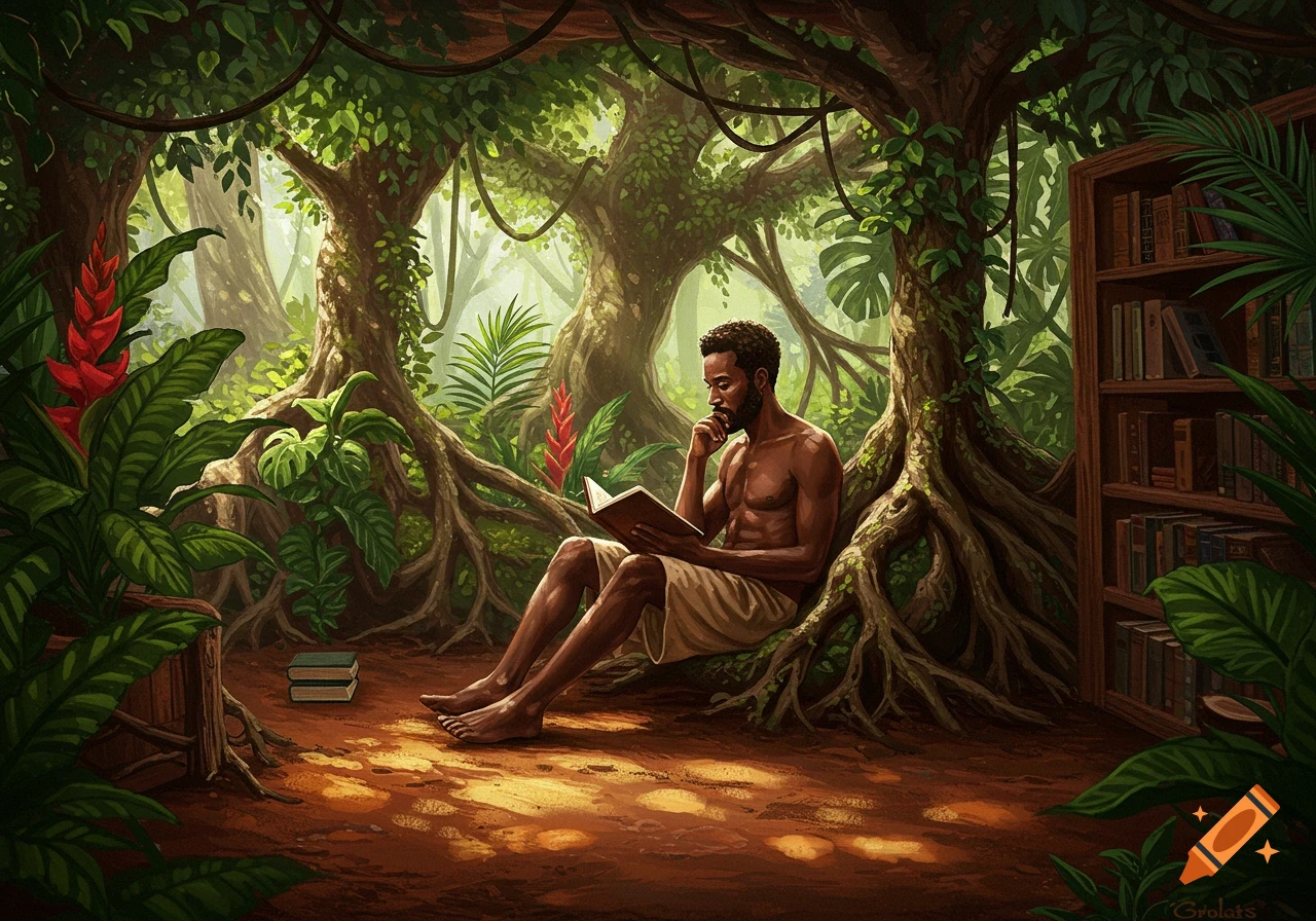 A thoughtful Black man reads a book while sitting under giant trees in a vibrant jungle, with a rustic bookshelf beside him.
