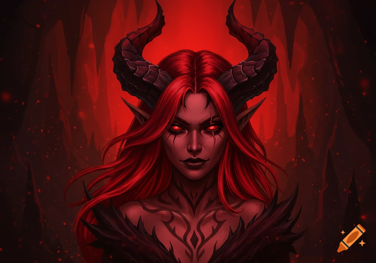 A close-up digital painting of a demon woman with long red hair, large black horns, piercing red eyes, and black tribal markings on her chest, set against a dark red background.