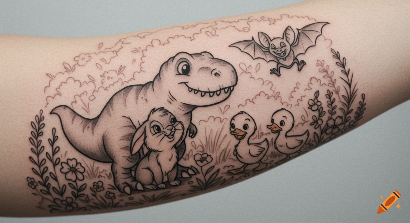 A black and gray tattoo on an arm features a cute T-Rex, bunny, two ducklings, and a bat in a whimsical, Disney-inspired nature scene.