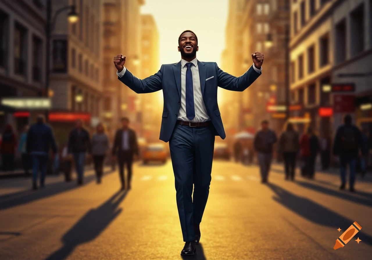 A joyous Black man in a suit celebrates with arms raised in a sunlit city street.