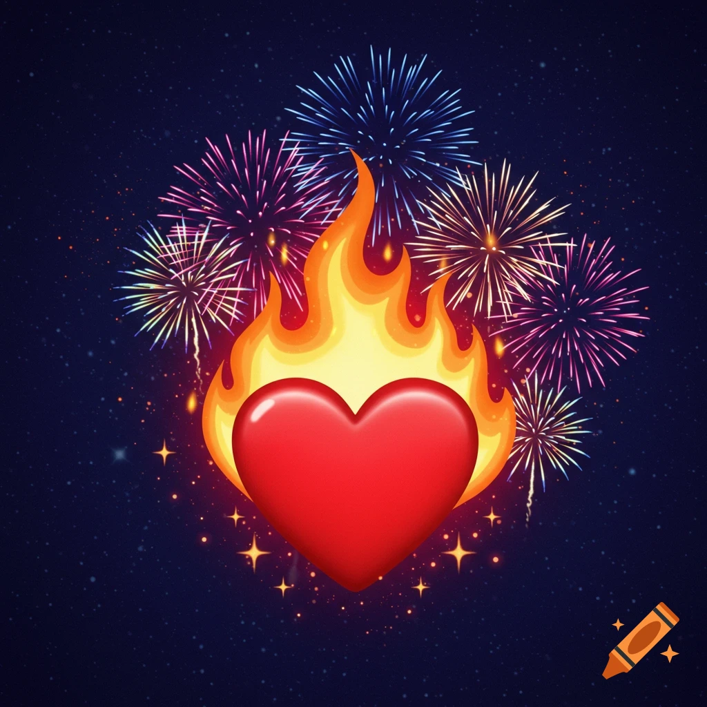 A red heart emoji with yellow and orange flames, surrounded by colorful fireworks against a dark blue starry night sky.