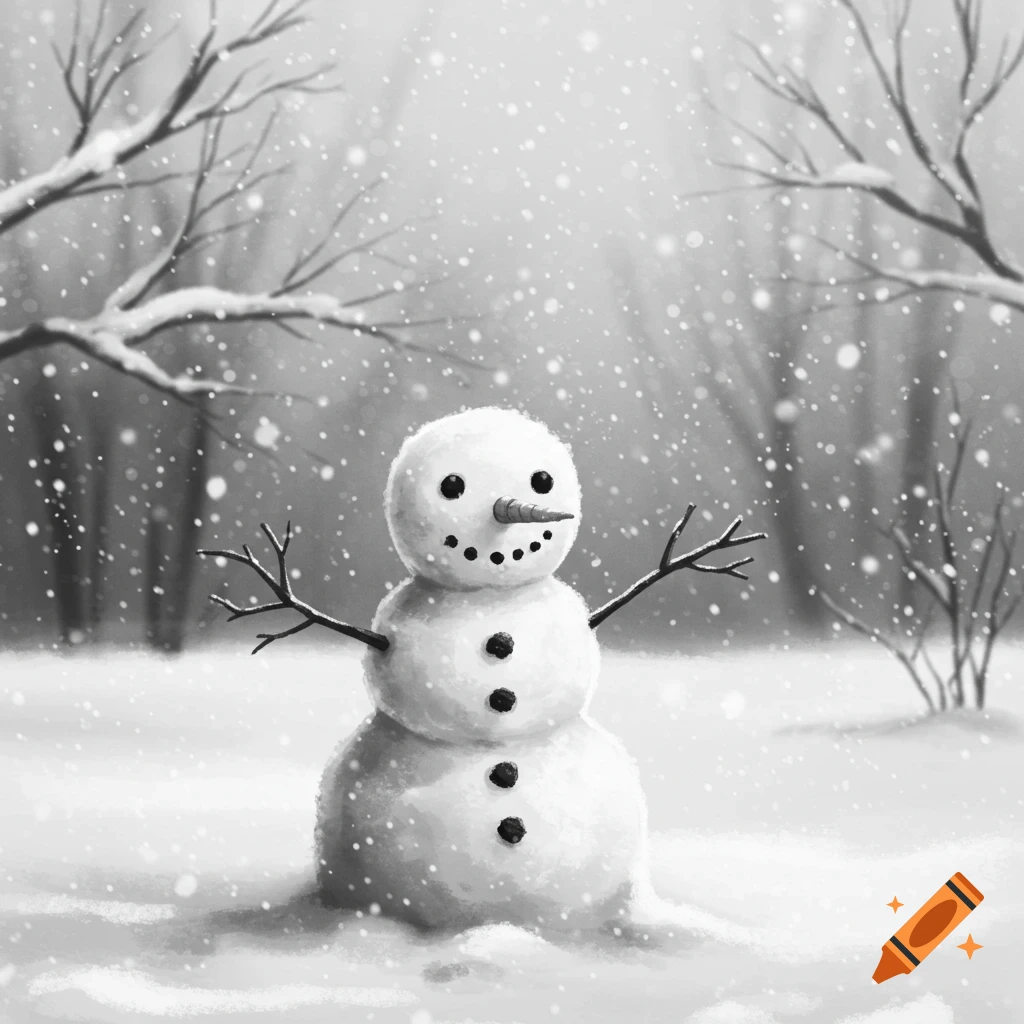 A cheerful three-tiered snowman with stick arms and a carrot nose stands in a snowy, monochromatic forest as snowflakes fall.