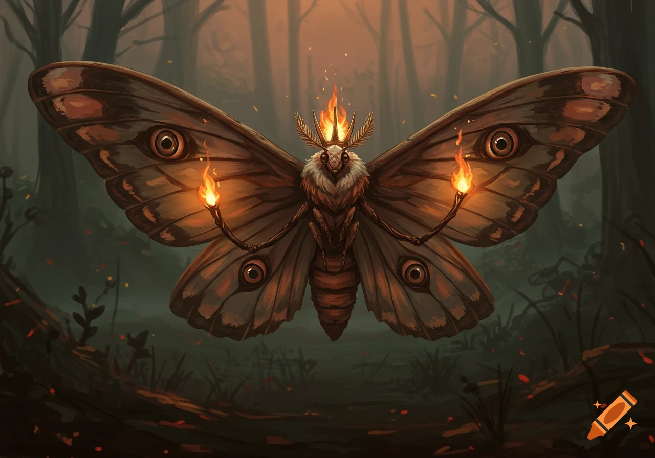 A majestic, ancient moth with large brown wings, eye-like patterns, a flaming crown, and holding two fiery torches in a dark, misty forest.
