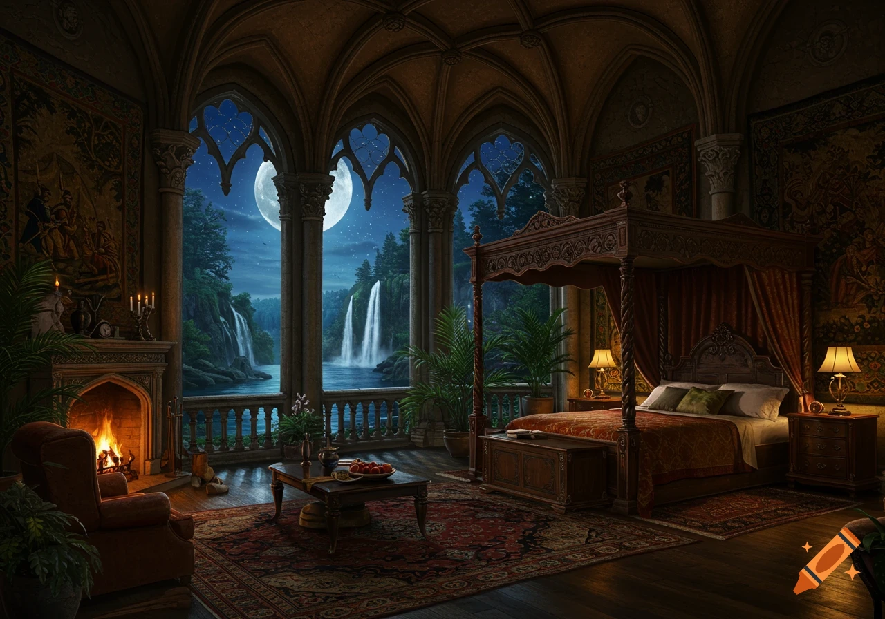A luxurious medieval bedroom with gothic arches, a fireplace, and a four-poster bed, overlooking a moonlit landscape with waterfalls and a lake.