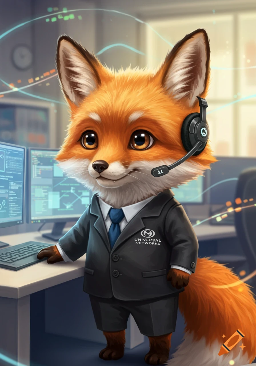 A cute cartoon fox wearing a business suit and a headset, standing at a desk with multiple computer monitors in an office setting. The suit has a logo and text "UNIVERSAL NETWORKS" on it.