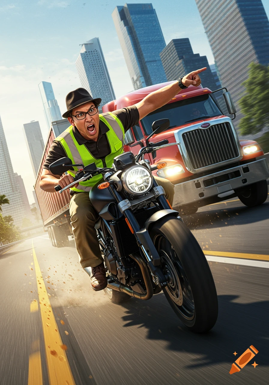 A man in a hat and safety vest rides a motorcycle, pointing and shouting while chasing a semi-truck on a city highway in a photorealistic style.