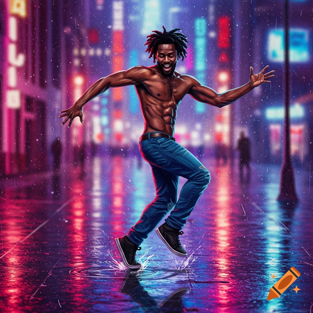 A shirtless Black man with dreadlocks dances jubilantly, splashing water in a puddle on a wet, neon-lit city street at night.