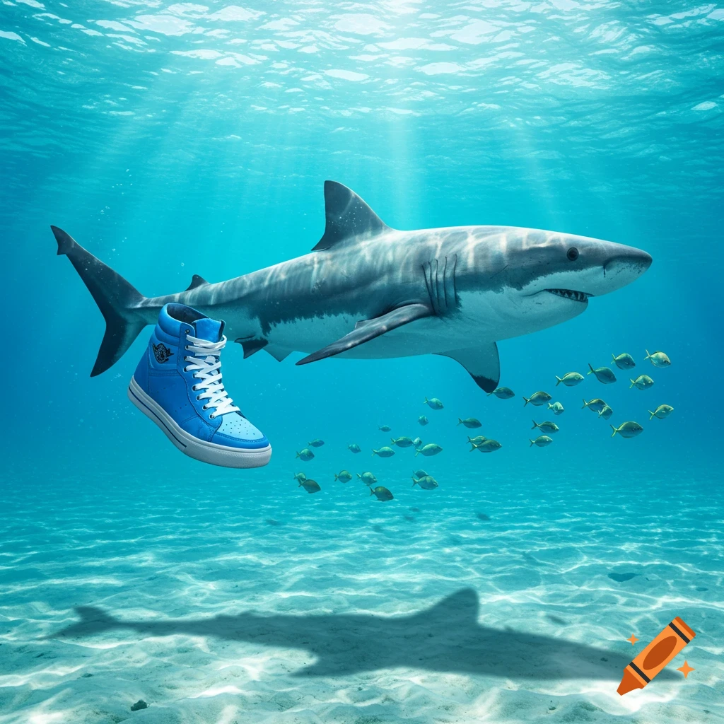 A photorealistic great white shark swims underwater next to a large blue high-top sneaker with white laces, with schooling fish in the background.