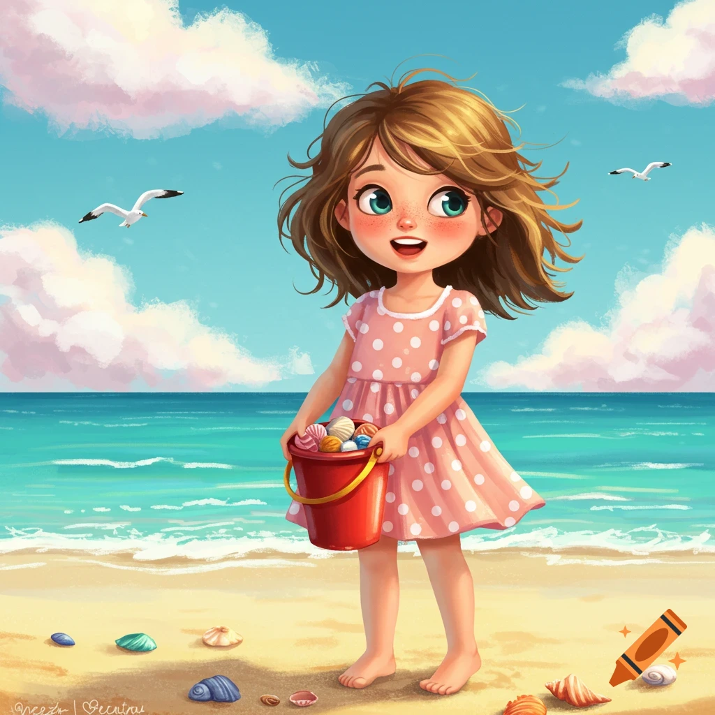 An illustrated girl in a pink polka dot dress stands on a sandy beach, holding a red bucket of seashells.
