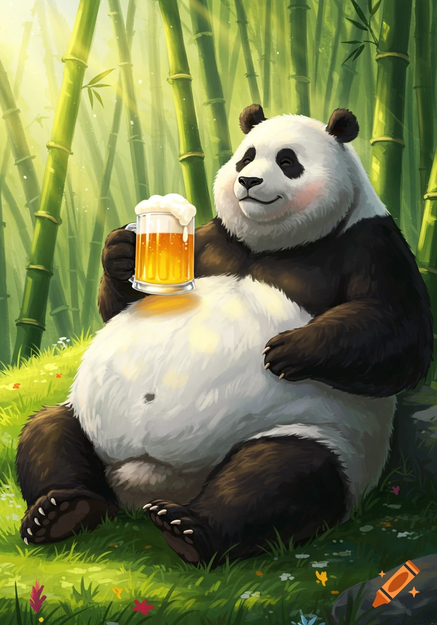 A happy, fat panda sits in a sunny bamboo forest, holding a frothy mug of beer.