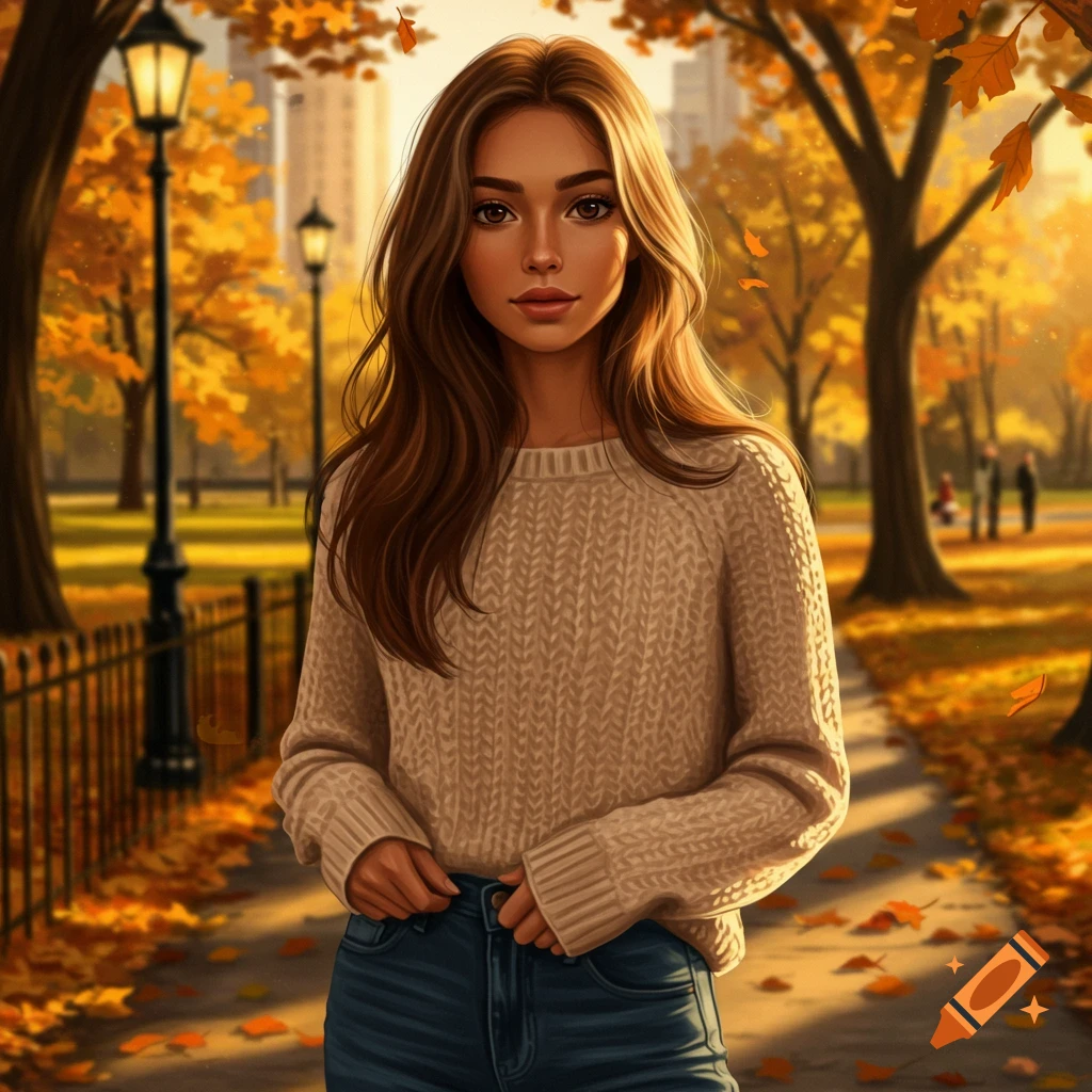 Illustrative portrait of a young woman with long brown hair wearing a sweater and jeans, standing in an autumn park with orange leaves.