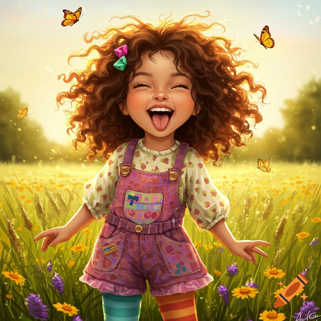 A happy cartoon girl with curly hair sticks her tongue out in a sunny field with butterflies.