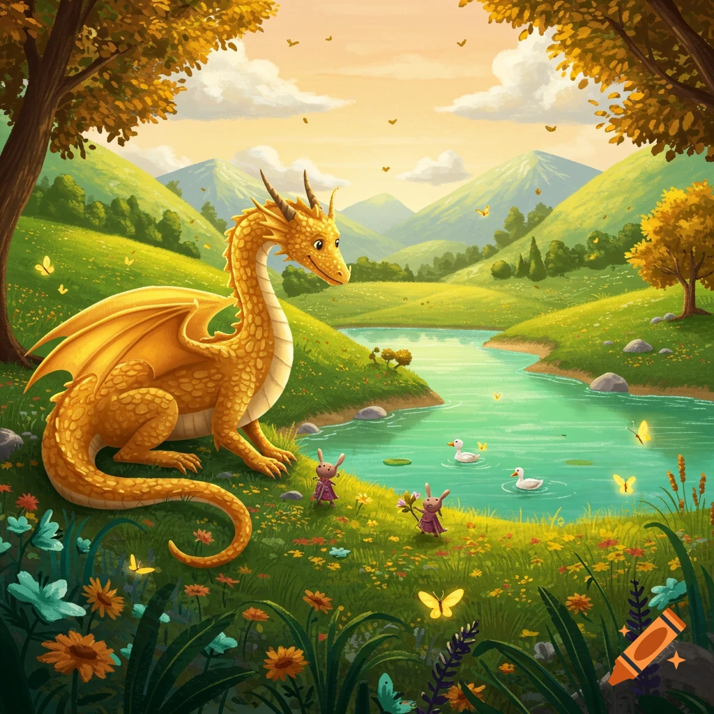 A golden dragon sits by a turquoise lake in a vibrant green valley with hills, trees, colorful flowers, and small bunnies.