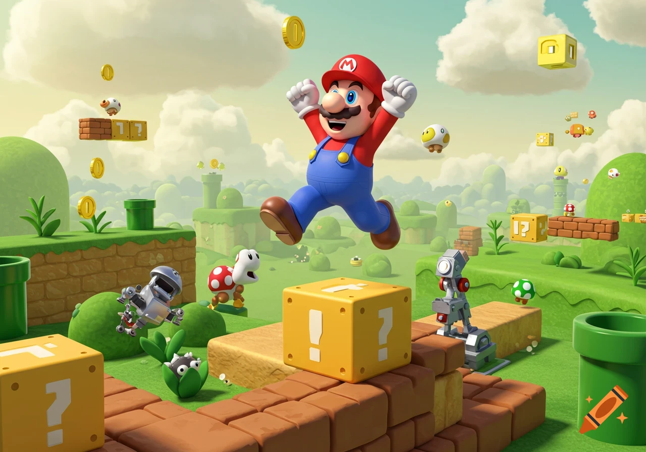 Mario jumps high in a colorful 3D Super Mario Bros. landscape filled with coins, question blocks, pipes, and various enemies.