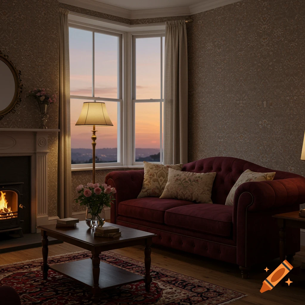 A cozy living room with a red sofa, lit fireplace, and a large window overlooking a sunset landscape.