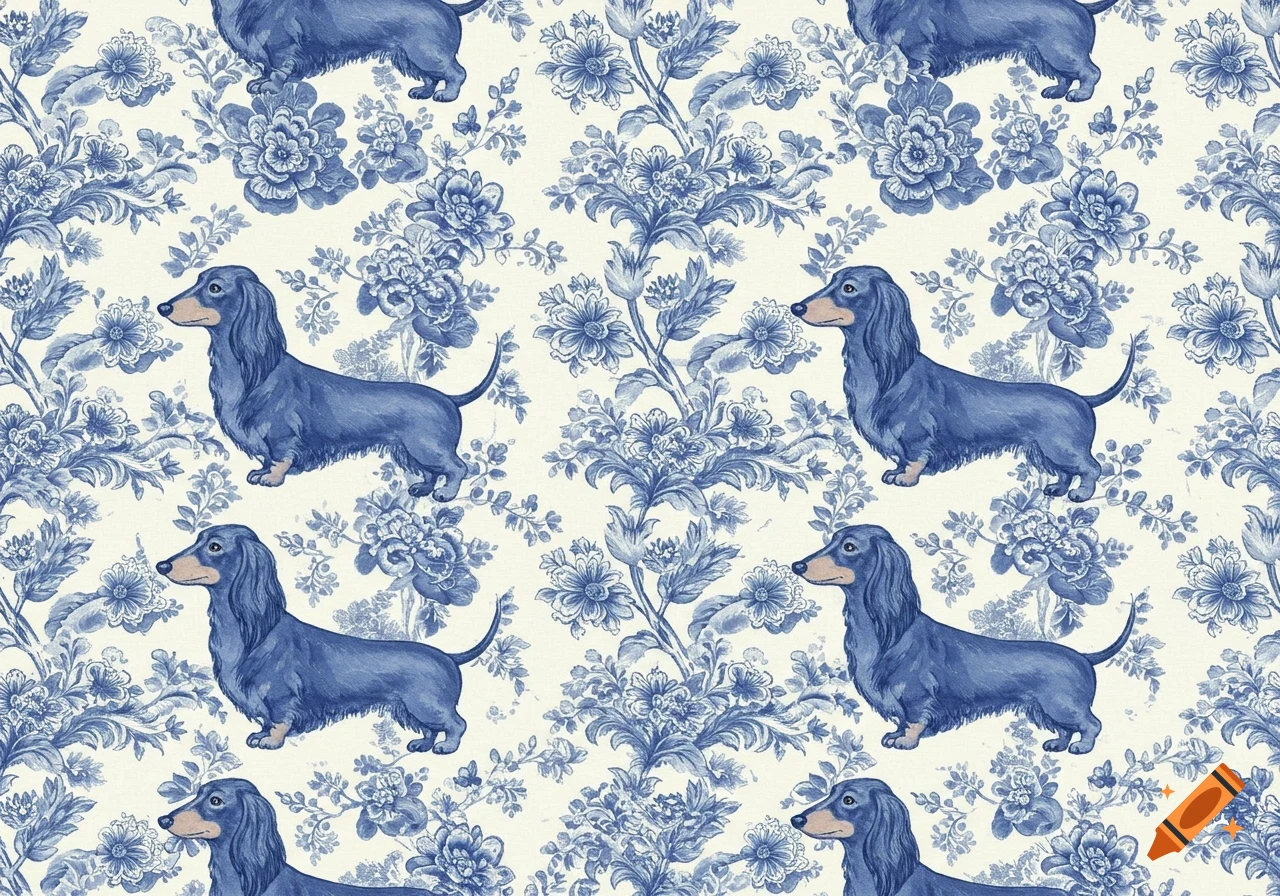 A seamless blue and white toile wallpaper pattern featuring long-haired dachshunds and intricate floral motifs.