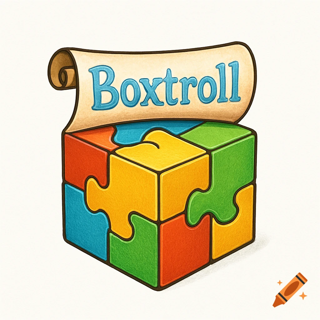 A brightly colored puzzle box logo with 'Boxtroll' on a scroll above it, illustrated on a white background.