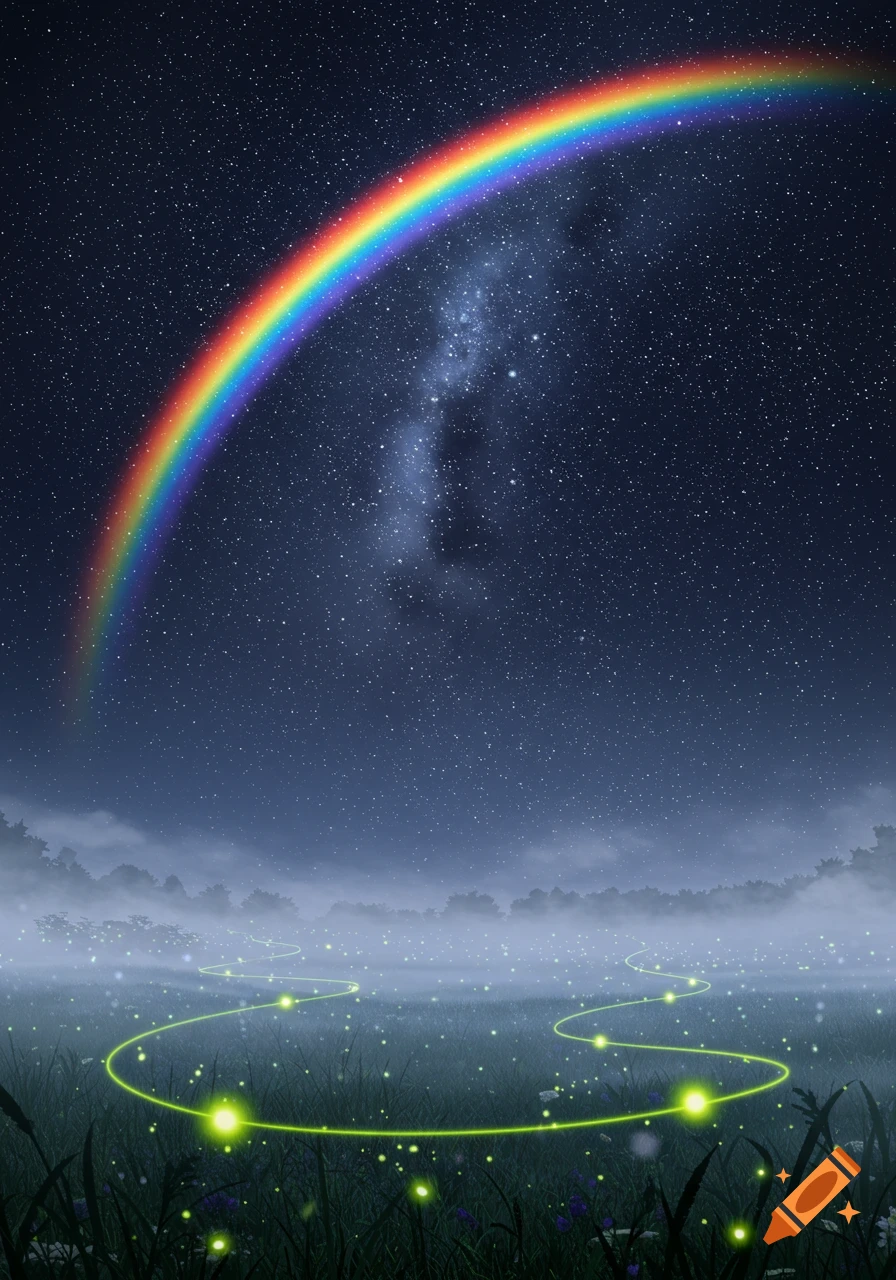 A vibrant rainbow arches over a starry night sky above a misty field with glowing fireflies and a winding green light trail.