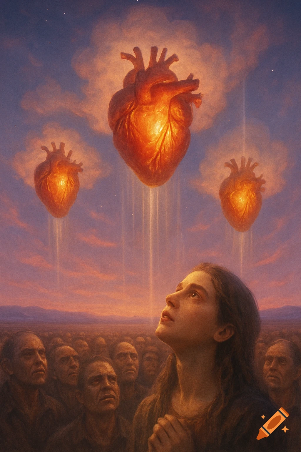A woman and a crowd gaze up at glowing, anatomical hearts floating in a dramatic, cloudy sky at twilight, in a surreal painterly style.