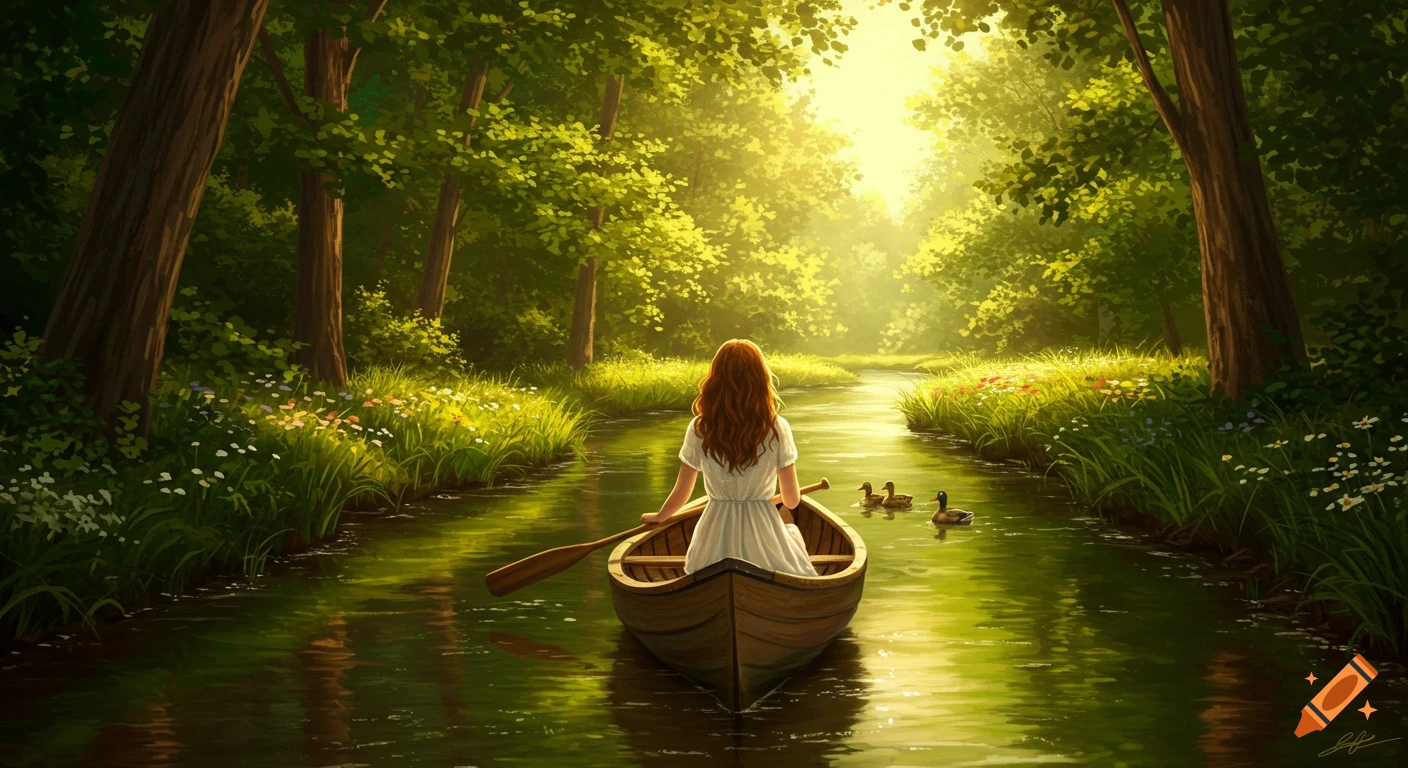 A woman in a white dress paddles a canoe down a serene, sunlit river through a lush green forest, with ducks swimming nearby.