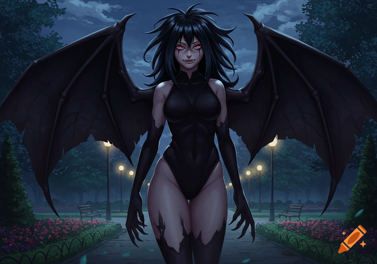 A tall, black-haired woman with large bat wings and fangs, wearing a black leotard, stands in a dark park at night. Anime style.