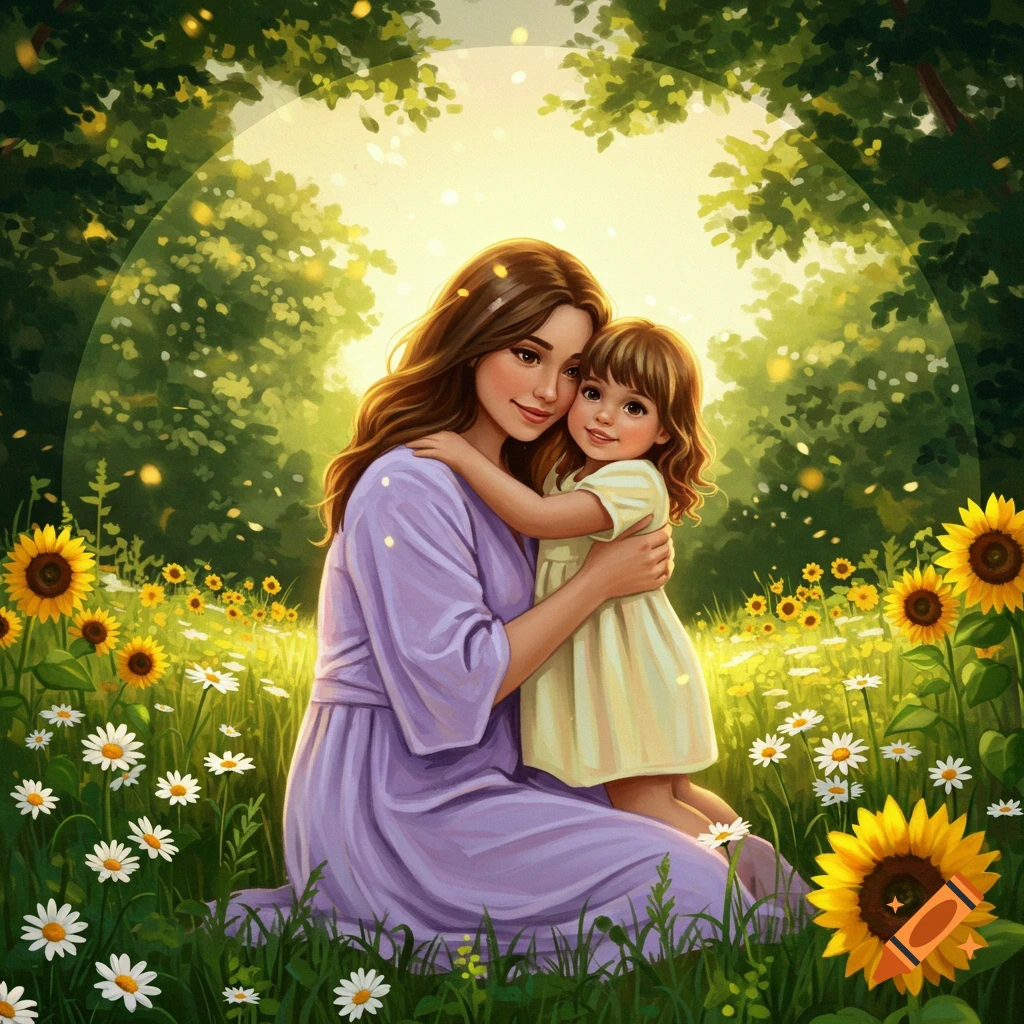 Mother and child embracing in a vibrant field of sunflowers and daisies under a sunny sky, illustrated style.