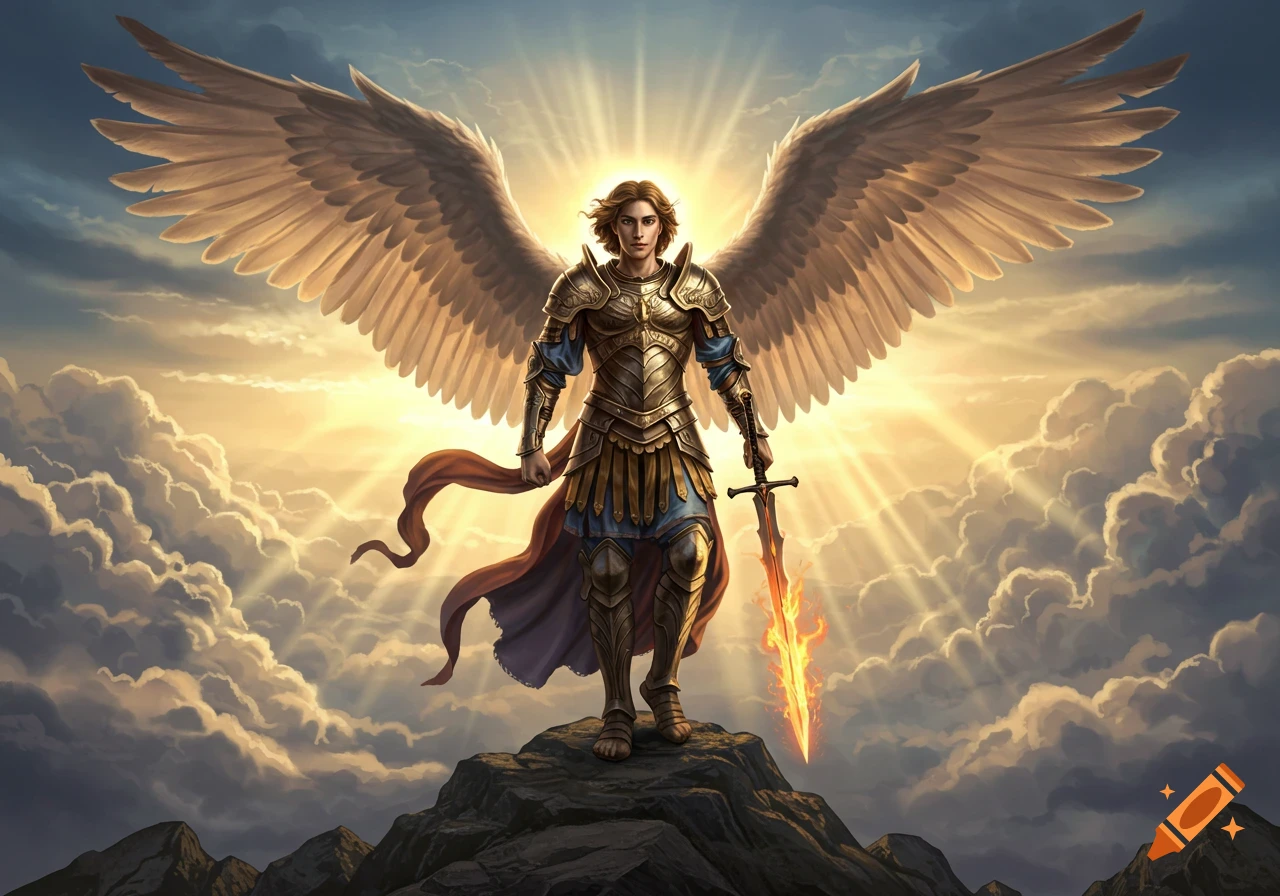 Archangel Michael in golden armor stands on a mountain with large wings, holding a fiery sword against a radiant sky.